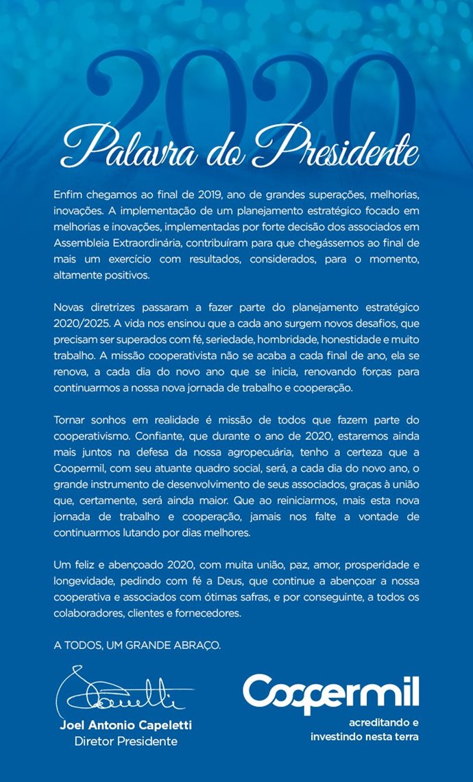 PALAVRA DO PRESIDENTE ANO NOVO 2020