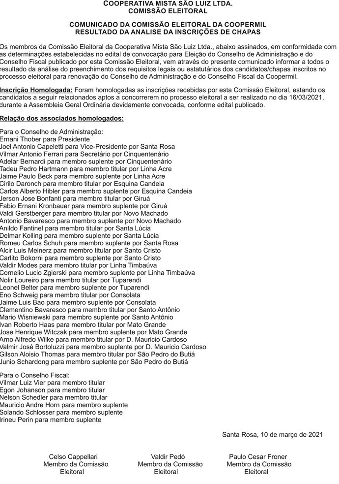COMUNICADO DA COMISSÃO ELEITORAL DA COOPERMIL